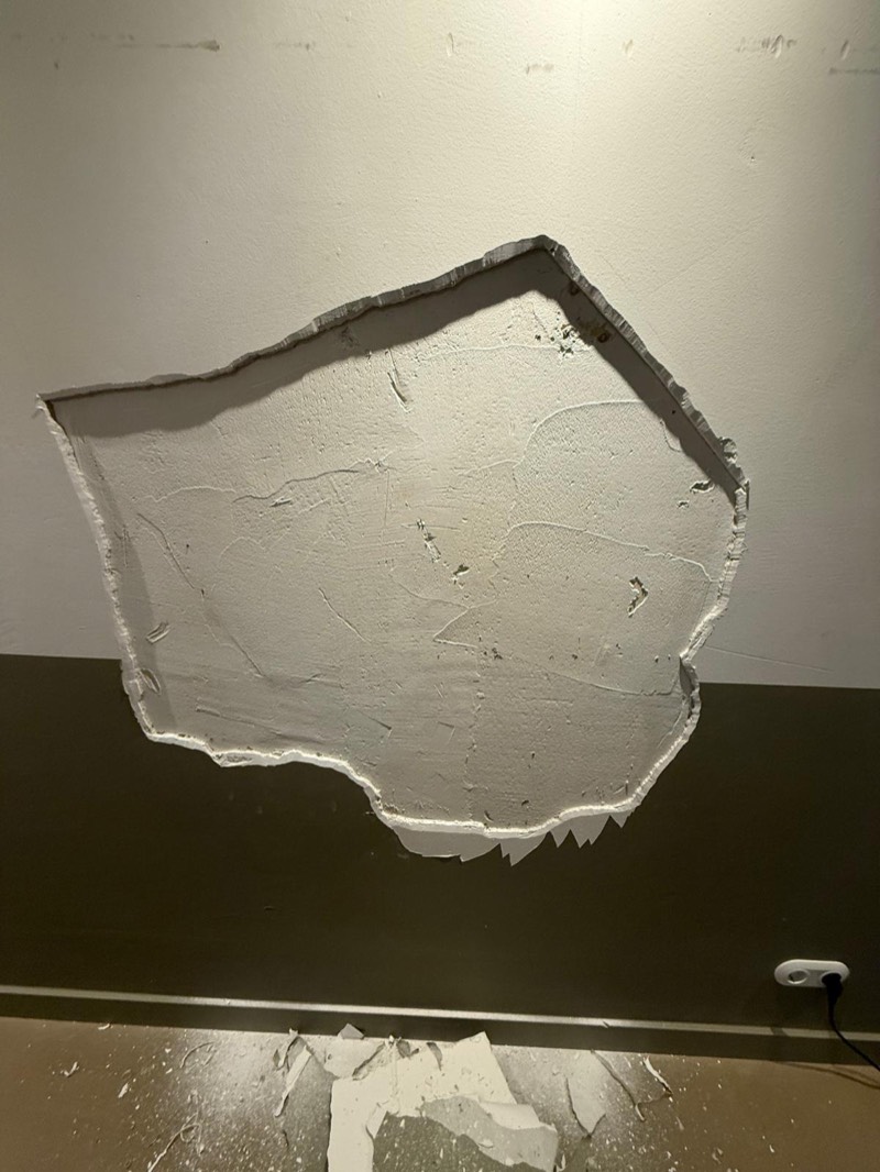 Grote plaat stucwerk die in zijn geheel van de muur is losgelaten door vochtproblemen